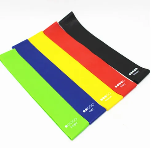 5-piece resistance band set in green blue red black yellow each 600x50mm with custom logo option