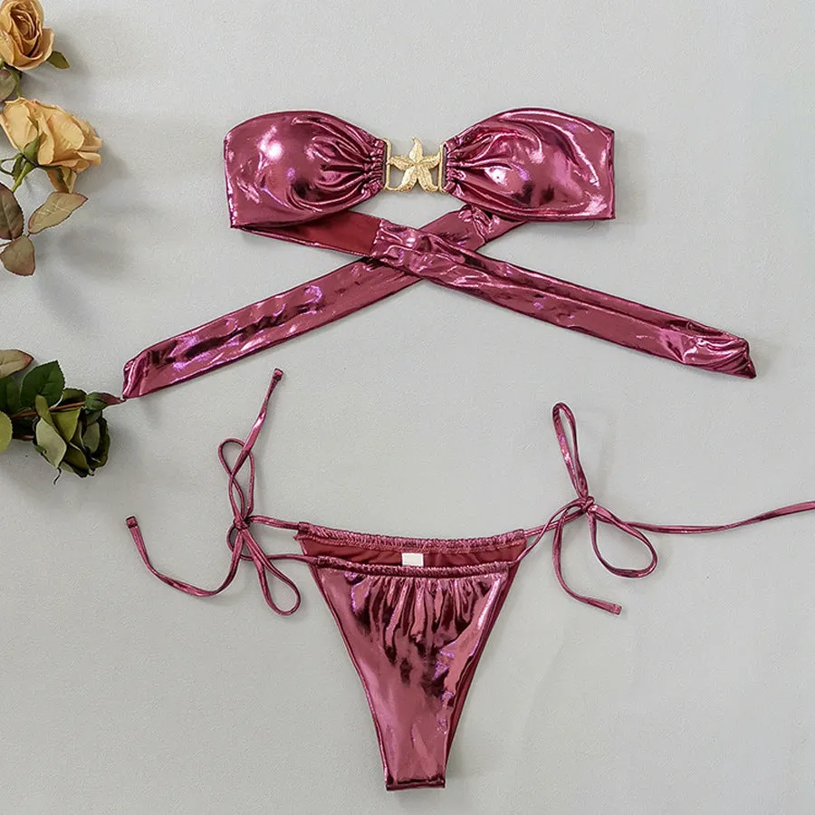Women's glossy blue split bikini tube top with gold starfish detail