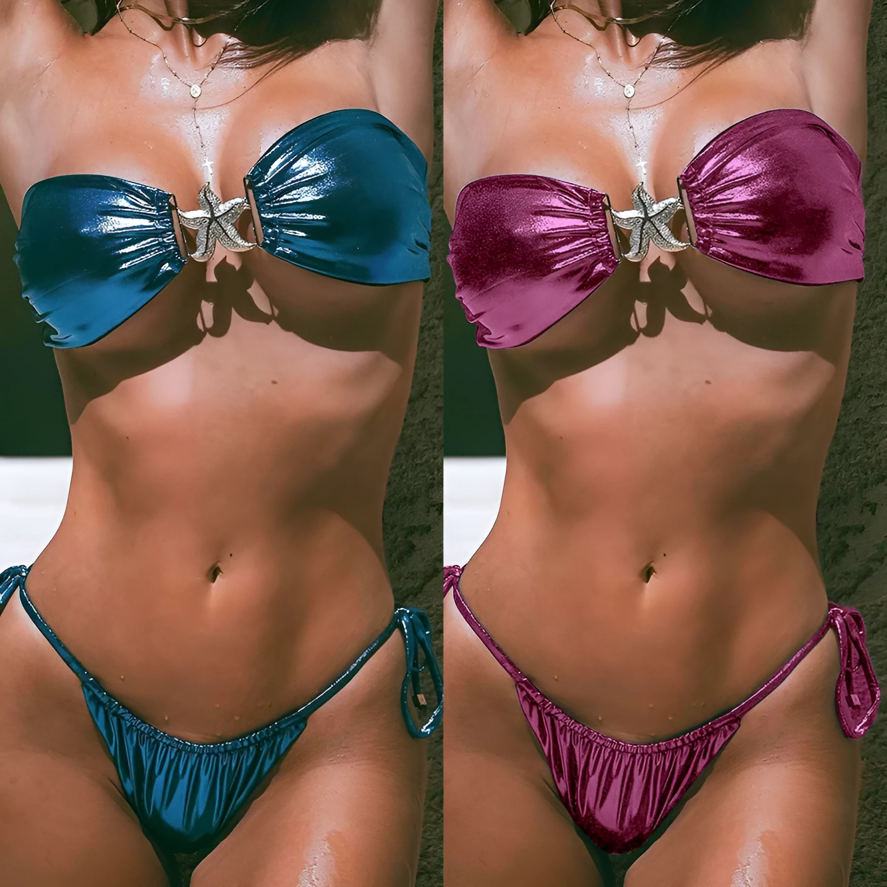 Women's glossy blue split bikini tube top with gold starfish detail