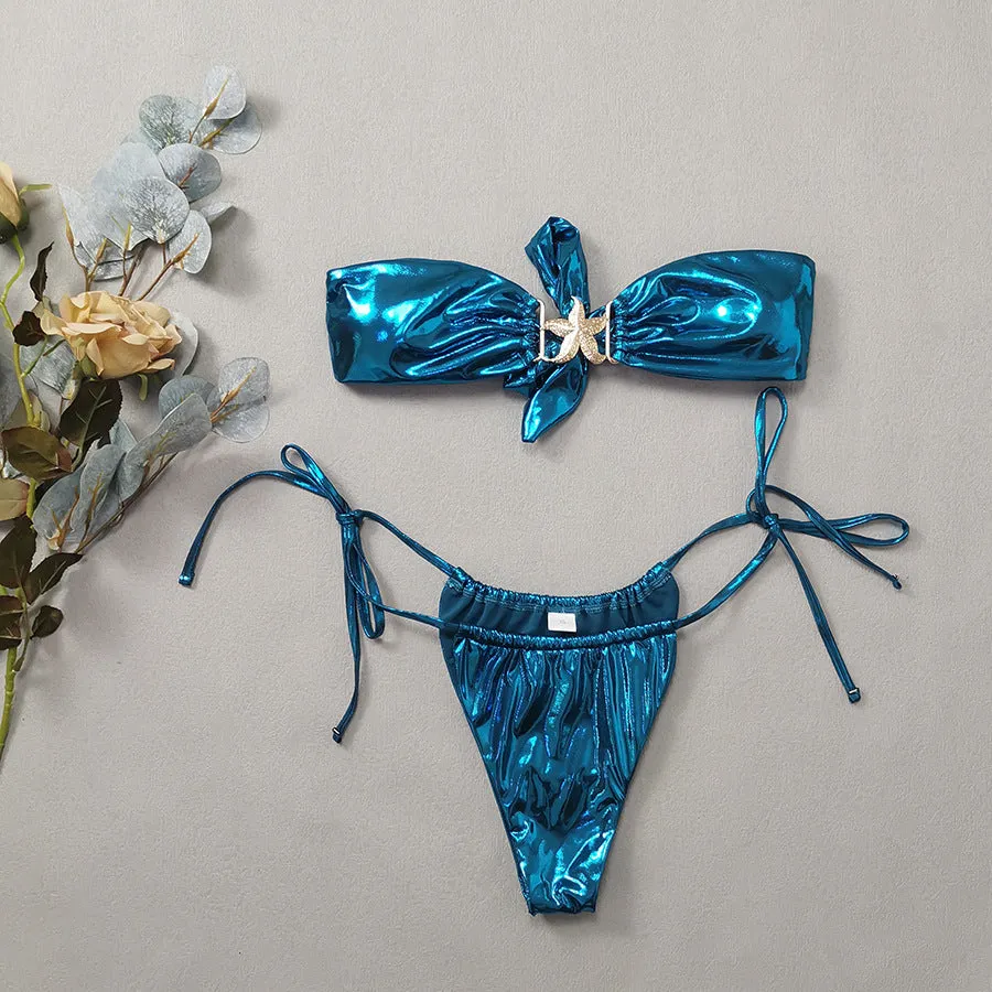 Women's glossy blue split bikini tube top with gold starfish detail