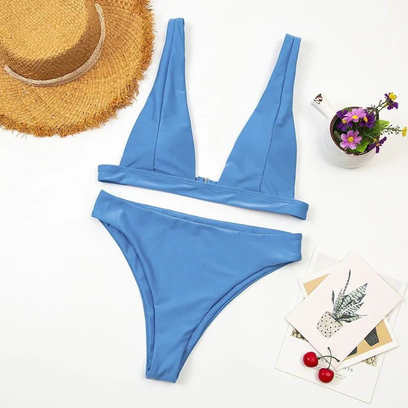 Women's deep V high waist two piece Brazilian swimsuit in solid colour nylon with chest pad
