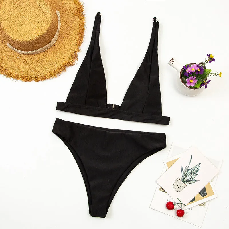 Women's deep V high waist two piece Brazilian swimsuit in solid colour nylon with chest pad