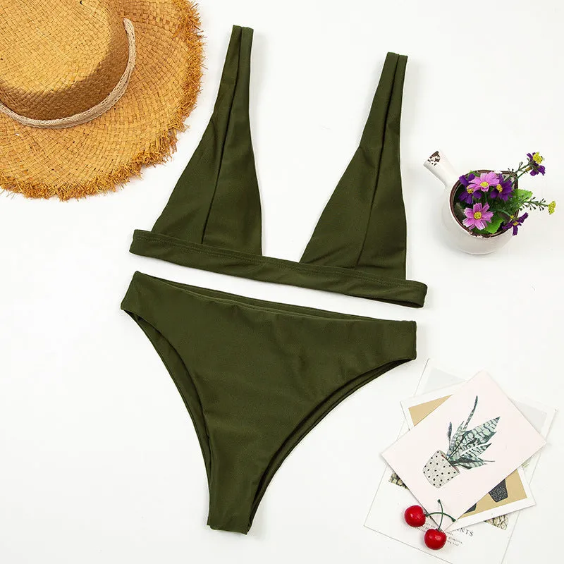 Women's deep V high waist two piece Brazilian swimsuit in solid colour nylon with chest pad