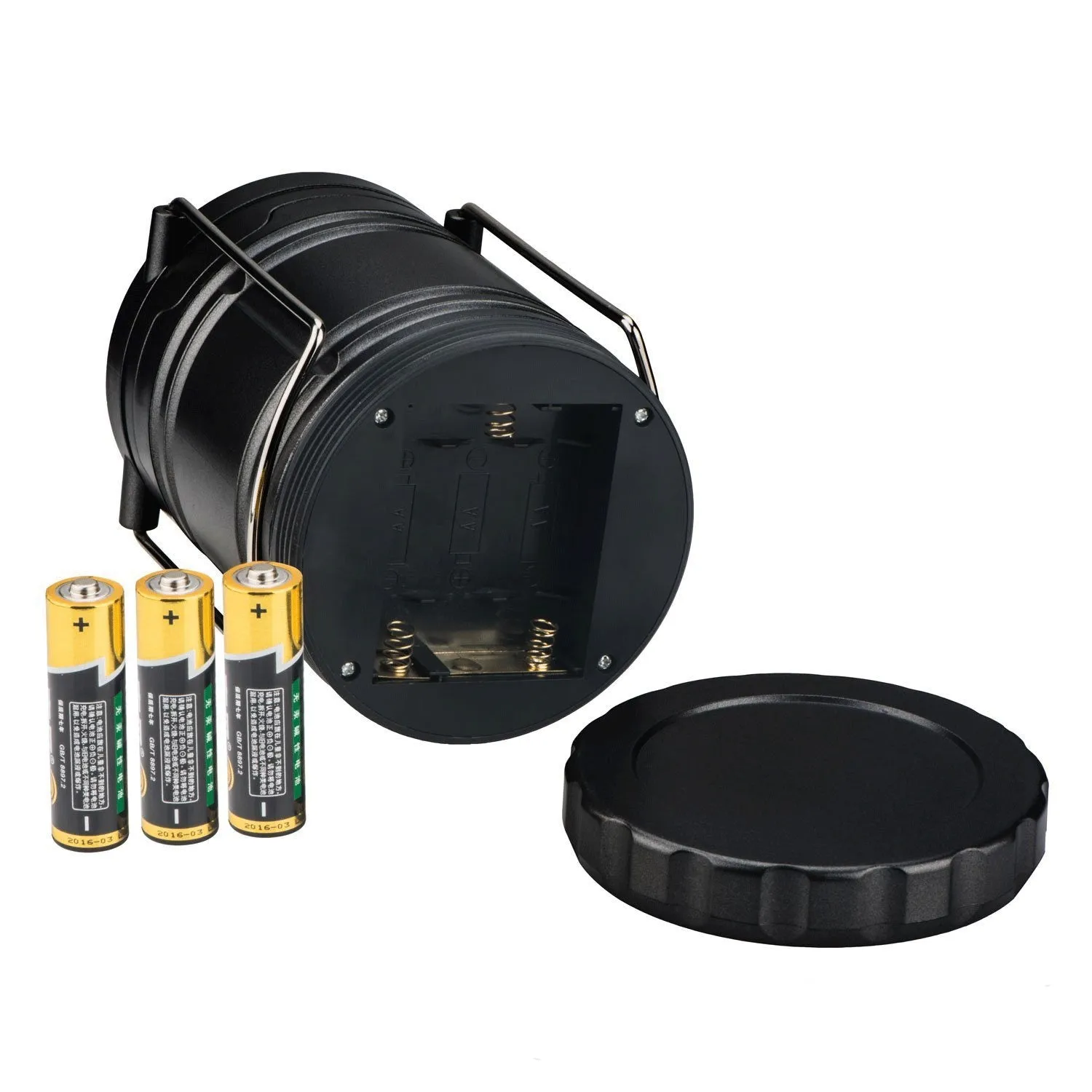 COB LED camping lamp in black with telescopic body and hook, standing on a wooden surface