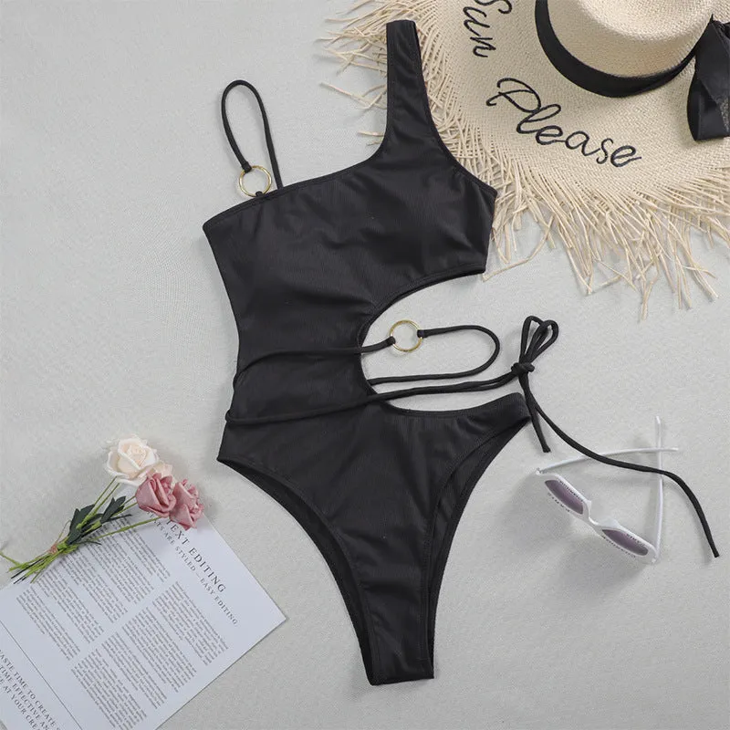 Sexy lace-up hollow one-piece swimsuit in nylon, cutout design, available in Asian sizes S-XL