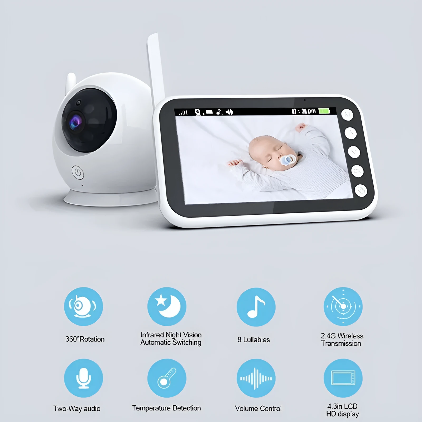 43 inch baby monitor with 4.3 inch LCD screen showing video feed of baby sleeping