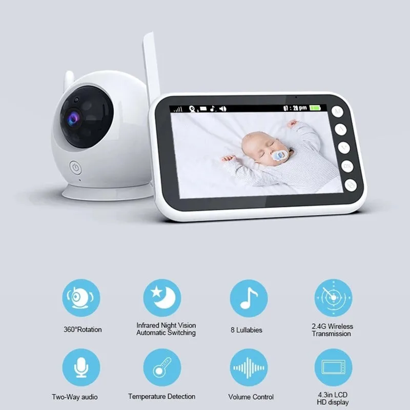 43 inch baby monitor with 4.3 inch LCD screen showing video feed of baby sleeping