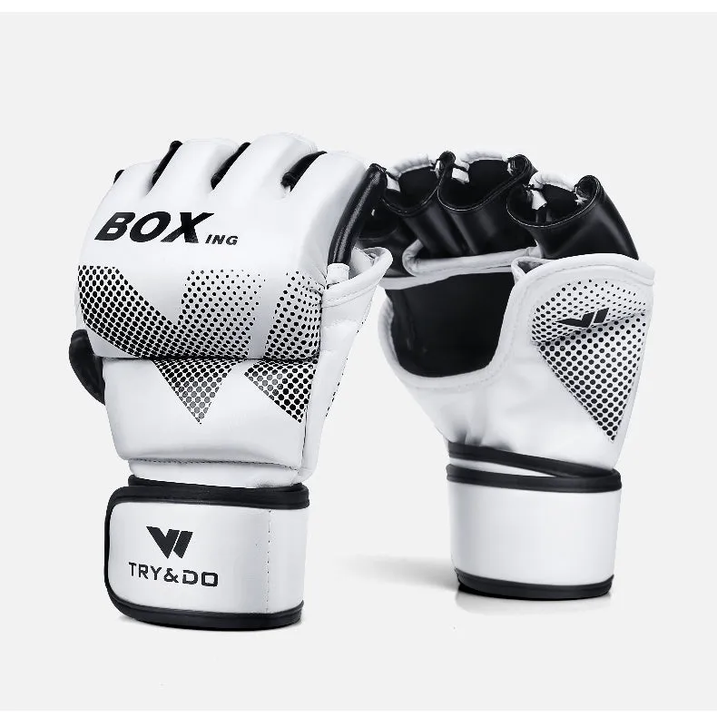 Half-finger boxing gloves in black made from polyurethane and explosion-proof leather for MMA Muay Thai training