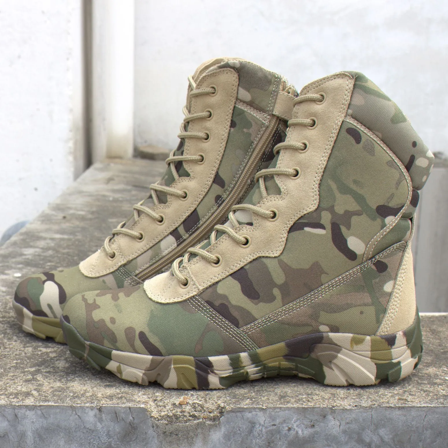 Waterproof nylon camouflage boots in green mango pattern for outdoor hiking