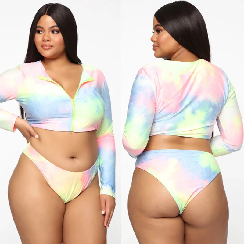 Plus size women wearing colourful gradient long sleeve zipper bikini swimsuit with chest pad and triangle shorts, size 2XL-5XL