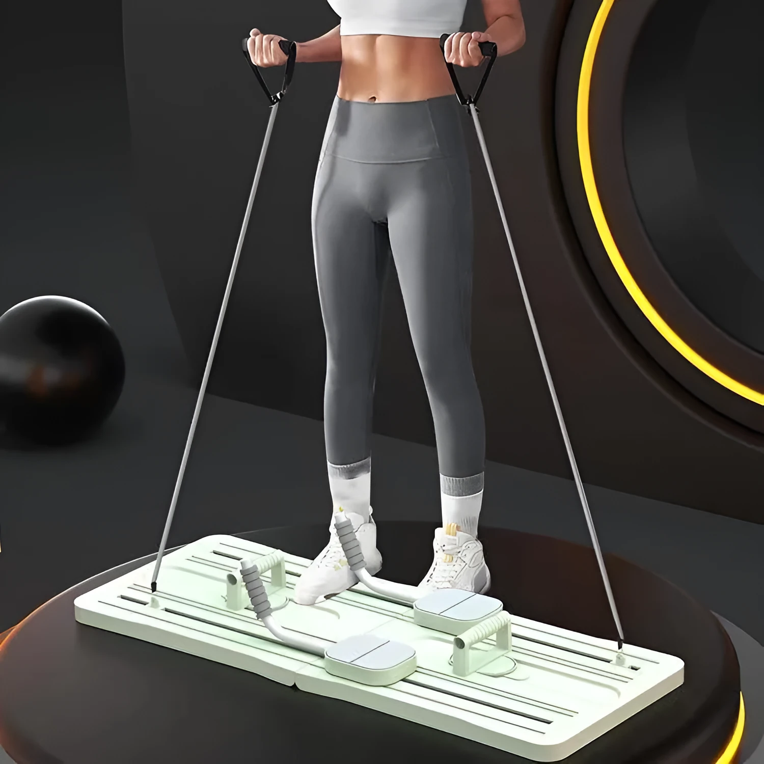 Purple portable foldable PP fitness board for abdominal exercises on a wooden floor.