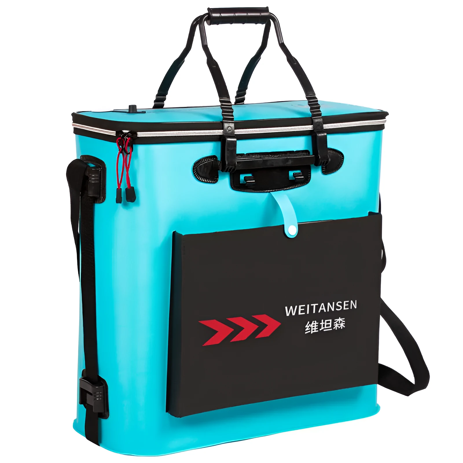 Foldable blue EVA fishing box live fish bucket measuring 42x42x21cm on a grassy bank