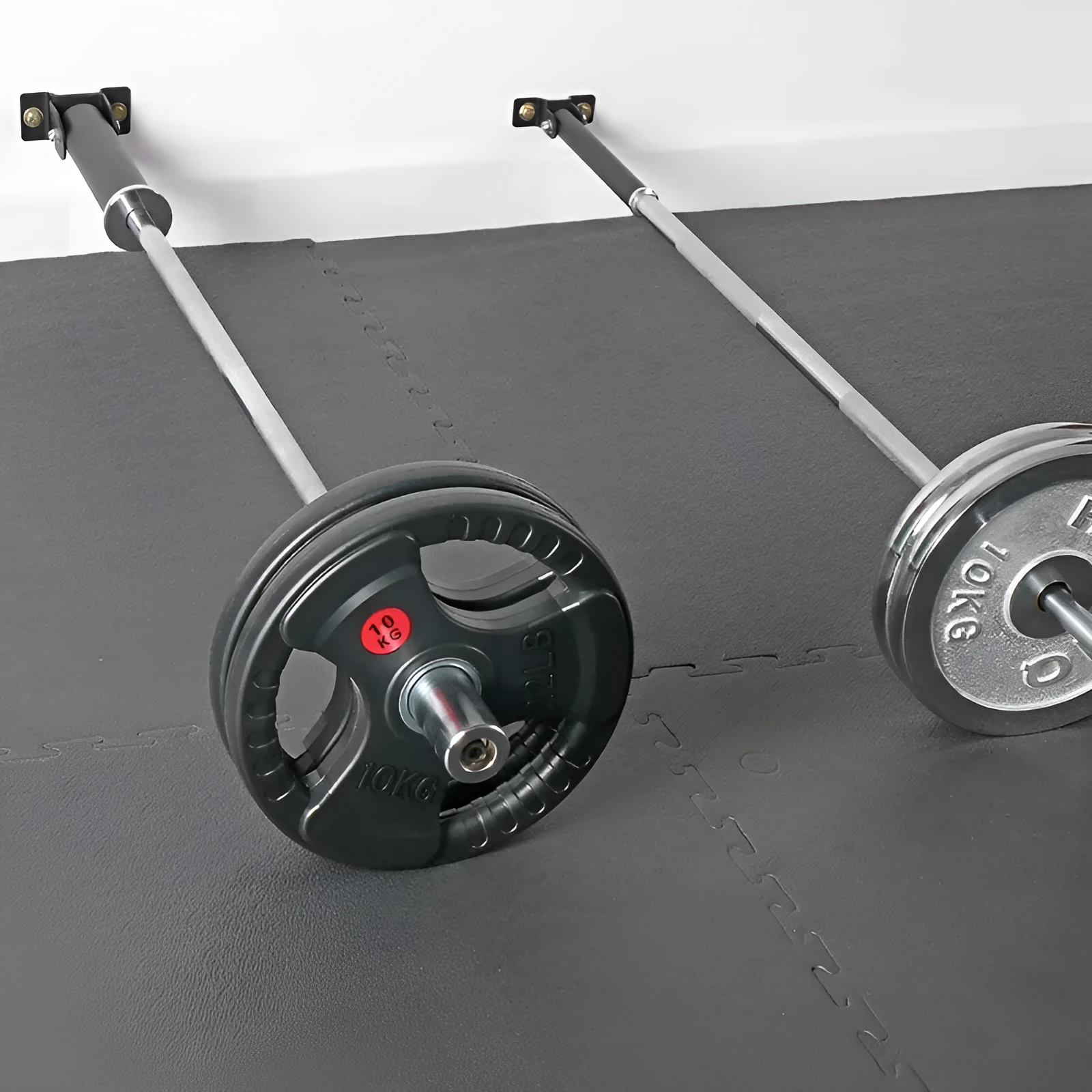Steel wall-mounted rack with 25 tubes for storing barbell rods or poles