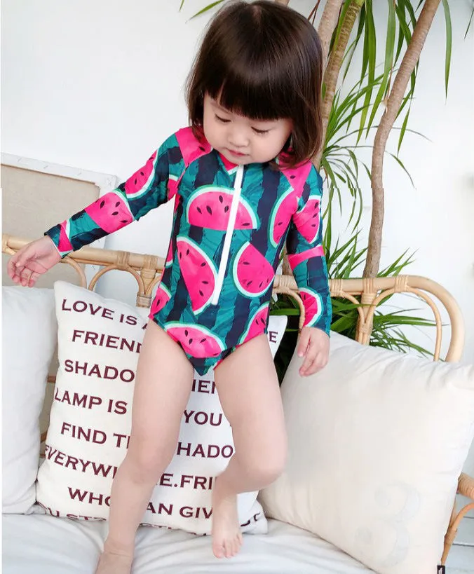 Children's long sleeve swimsuit set with watermelon fruit print on polyester fabric, size S-XL