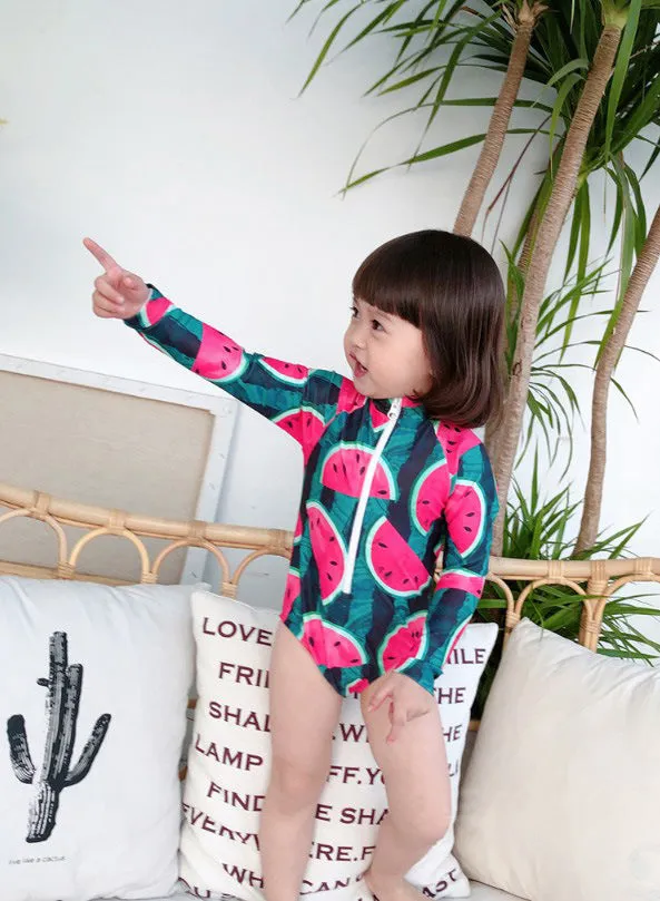 Children's long sleeve swimsuit set with watermelon fruit print on polyester fabric, size S-XL
