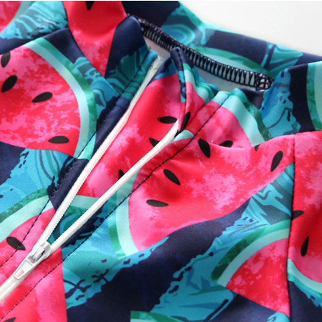 Children's long sleeve swimsuit set with watermelon fruit print on polyester fabric, size S-XL