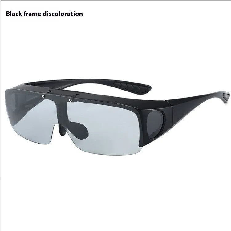 One-piece polarised sunglasses with myopia correction and multiple interchangeable coloured lens sheets laid out.