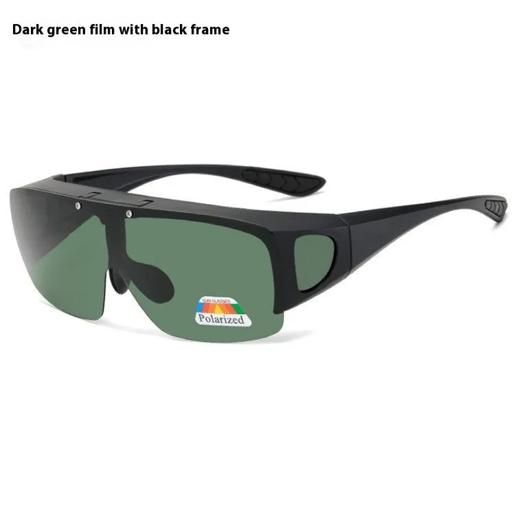 One-piece polarised sunglasses with myopia correction and multiple interchangeable coloured lens sheets laid out.