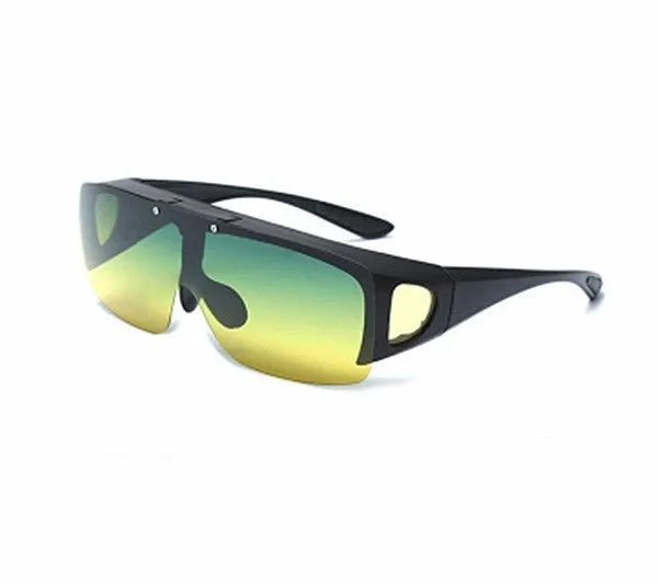 One-piece polarised sunglasses with myopia correction and multiple interchangeable coloured lens sheets laid out.