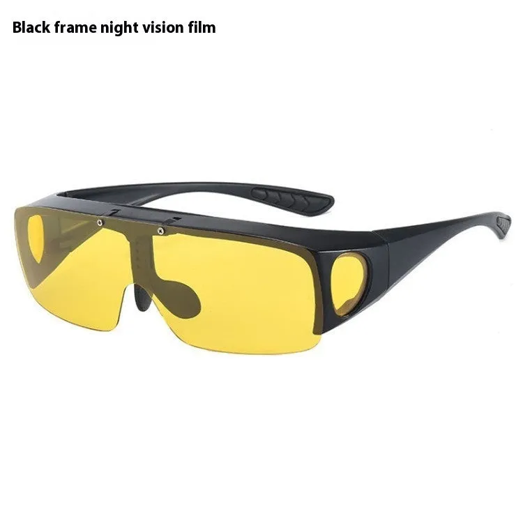 One-piece polarised sunglasses with myopia correction and multiple interchangeable coloured lens sheets laid out.