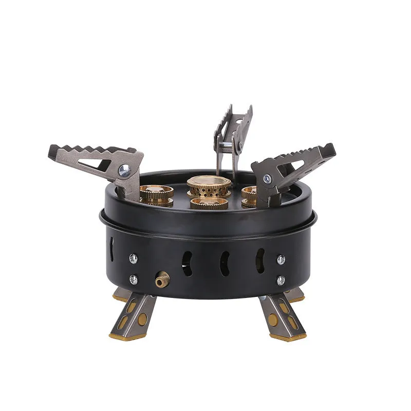 Portable windproof camping gas stove holder set in dark khaki, with cloth bag, for cookouts with 3-5 people.