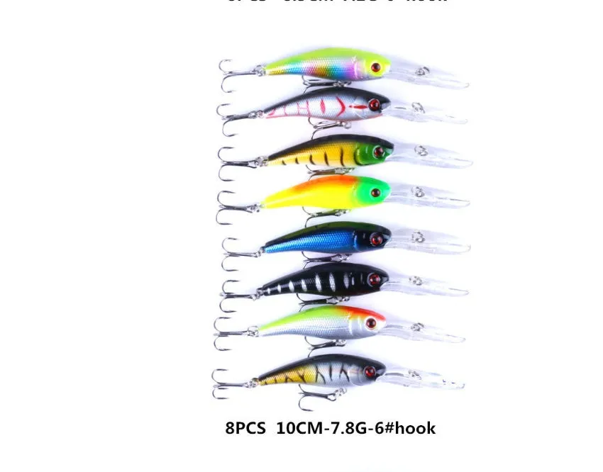 43-piece portable fishing gear set with plastic bait lures in green, blue black, and silver colours including 20cm baits