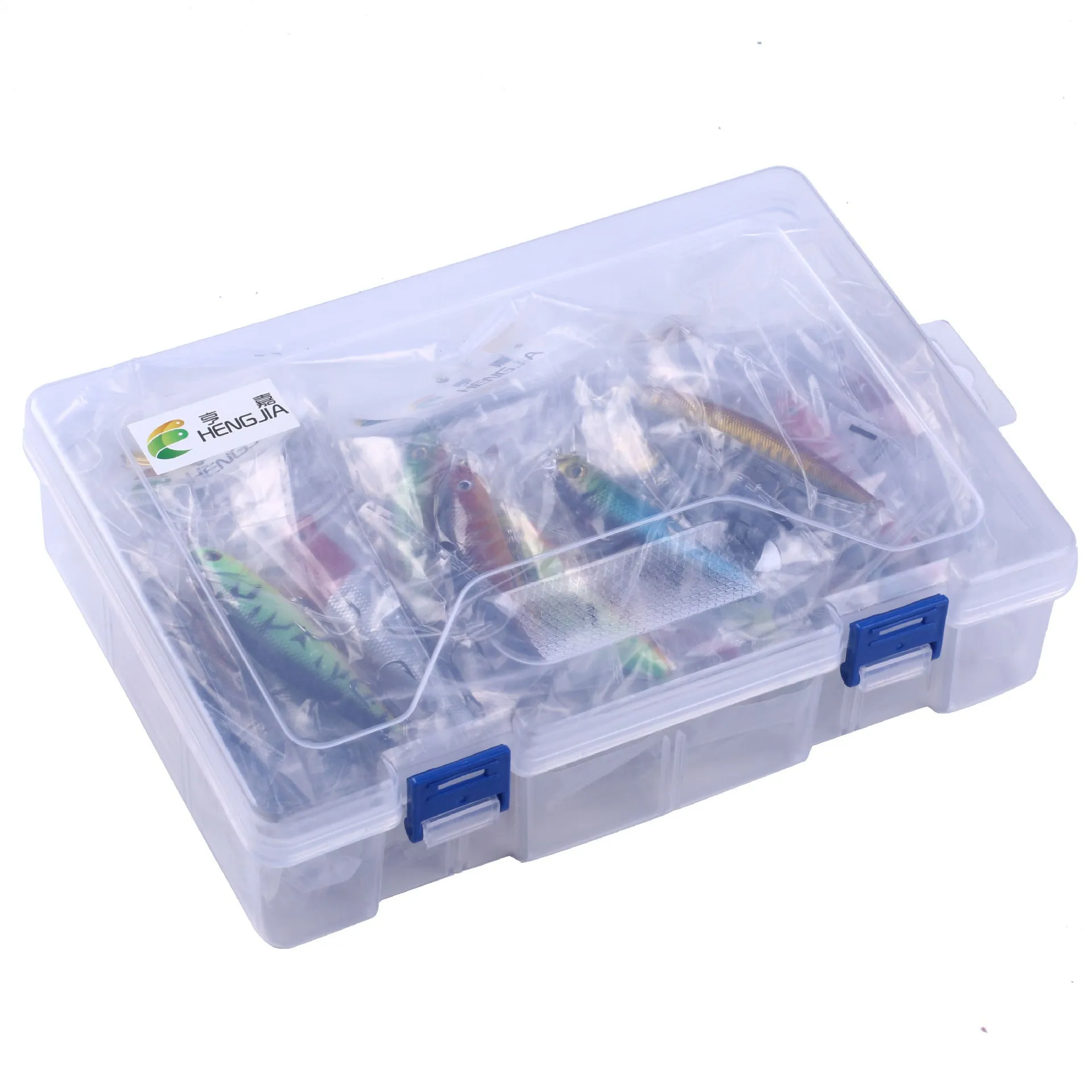 43-piece portable fishing gear set with plastic bait lures in green, blue black, and silver colours including 20cm baits