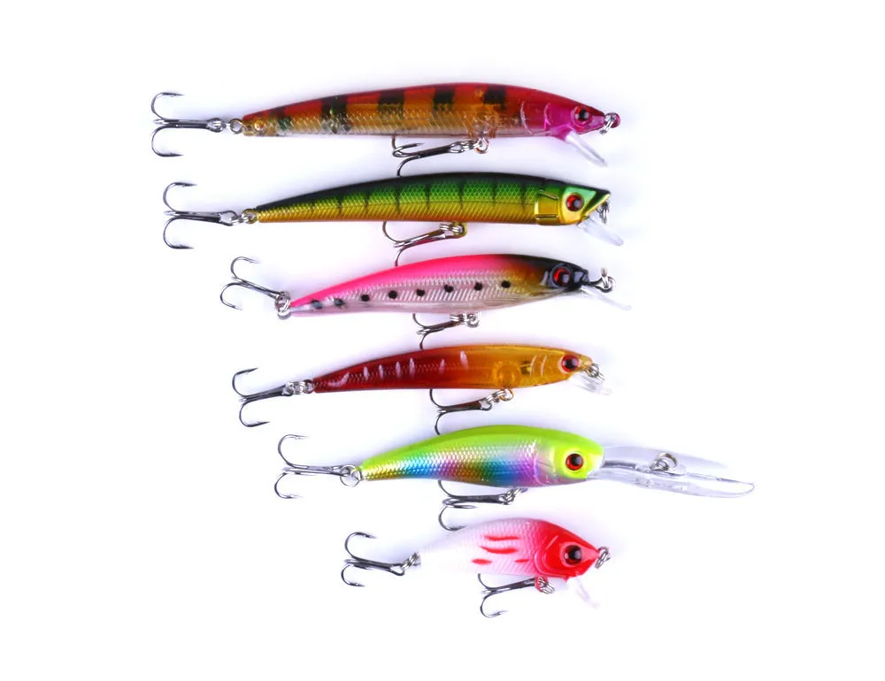 43-piece portable fishing gear set with plastic bait lures in green, blue black, and silver colours including 20cm baits