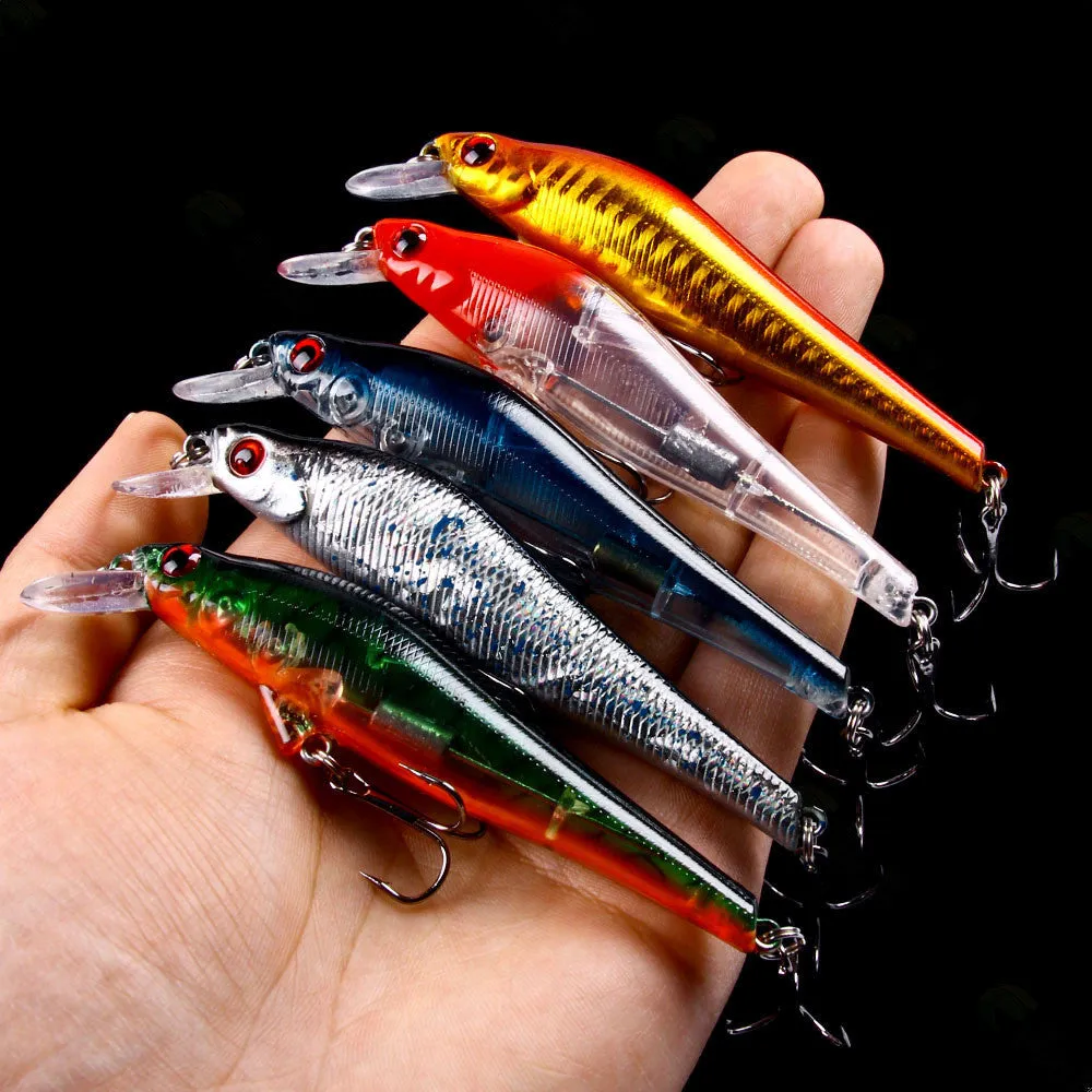 43-piece portable fishing gear set with plastic bait lures in green, blue black, and silver colours including 20cm baits