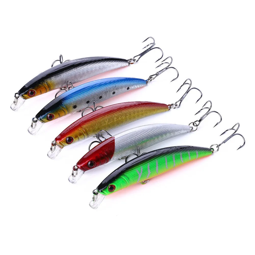 43-piece portable fishing gear set with plastic bait lures in green, blue black, and silver colours including 20cm baits