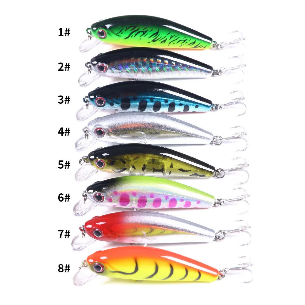 43-piece portable fishing gear set with plastic bait lures in green, blue black, and silver colours including 20cm baits