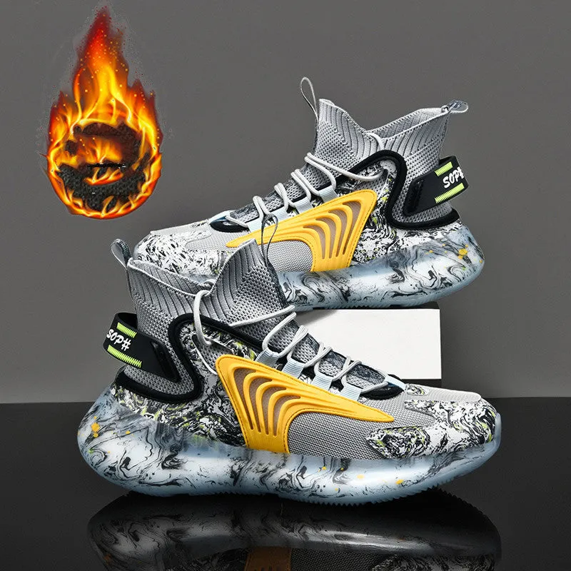Men's high top basketball shoes with fly weave upper and TPU outsole, available in black