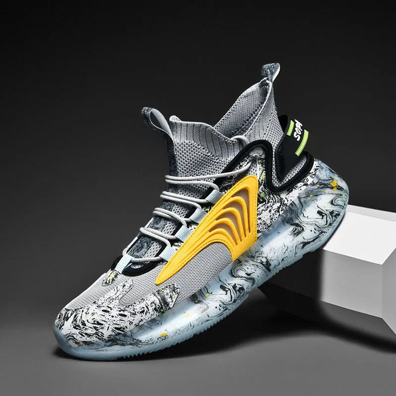 Men's high top basketball shoes with fly weave upper and TPU outsole, available in black