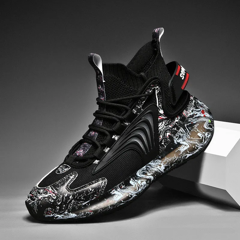 Men's high top basketball shoes with fly weave upper and TPU outsole, available in black