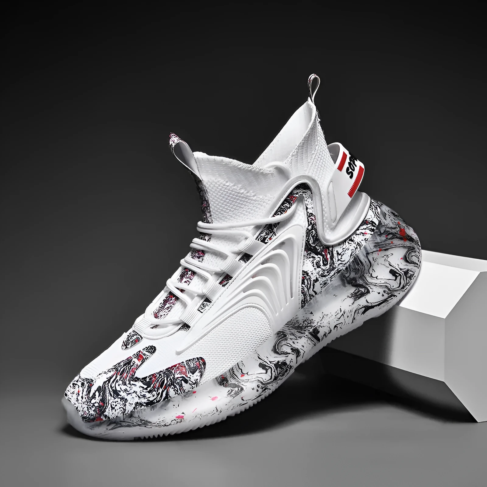 Men's high top basketball shoes with fly weave upper and TPU outsole, available in black