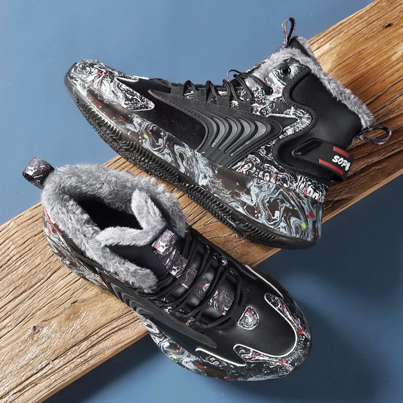 Men's high top basketball shoes with fly weave upper and TPU outsole, available in black