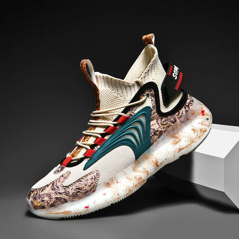 Men's high top basketball shoes with fly weave upper and TPU outsole, available in black