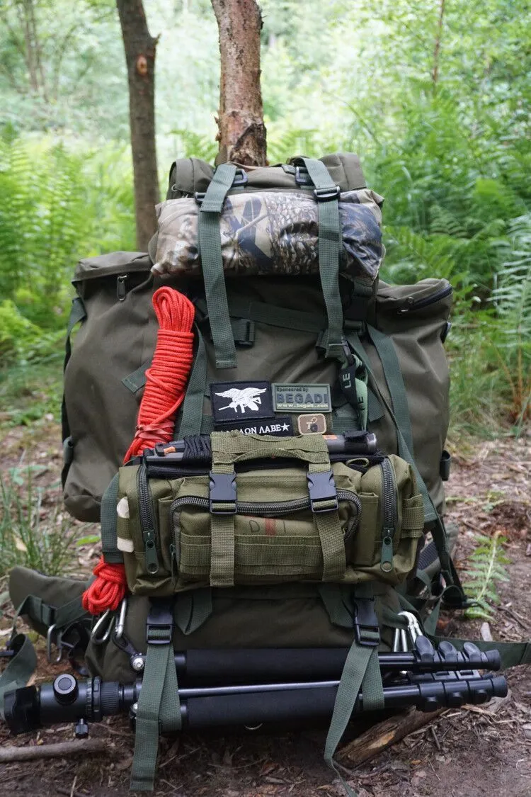 Tactical backpack in black, polyester mountaineering bag 36-55L capacity with military pattern