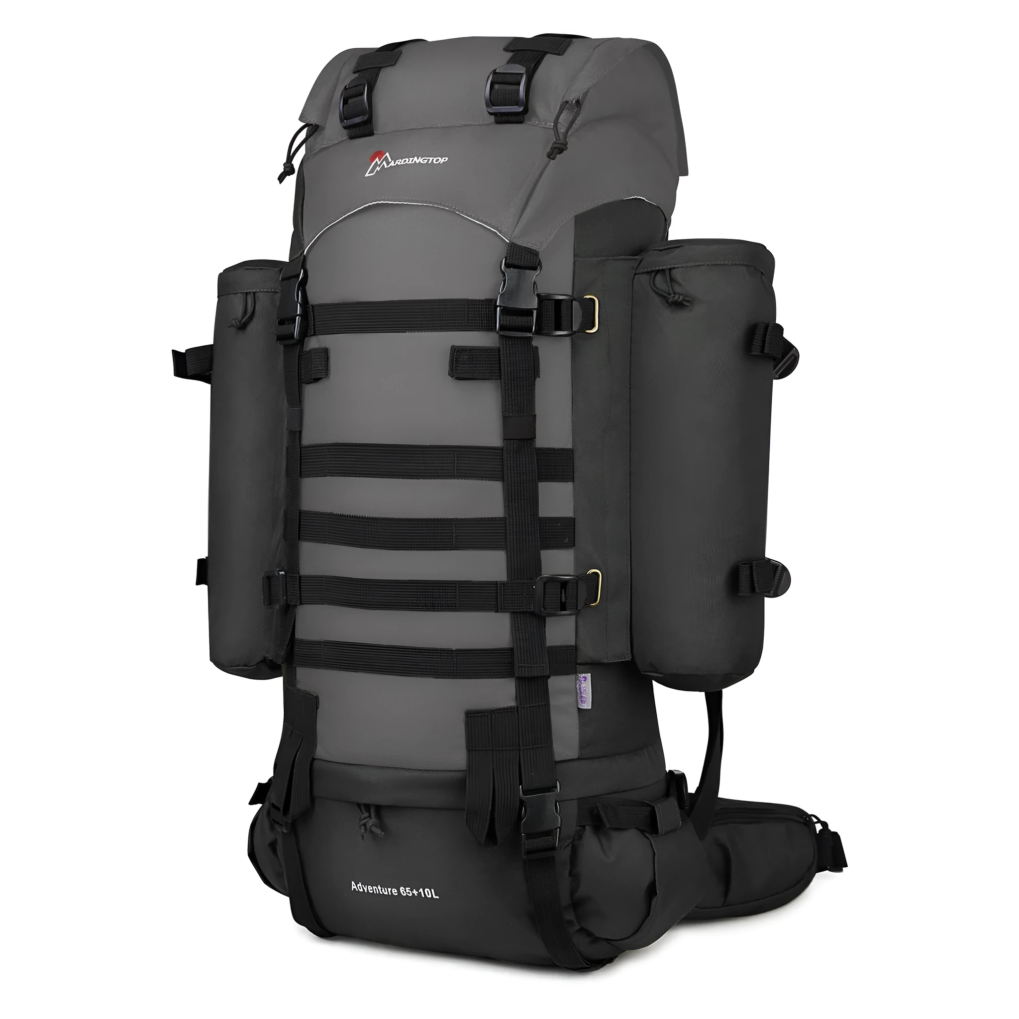 Tactical backpack in black, polyester mountaineering bag 36-55L capacity with military pattern