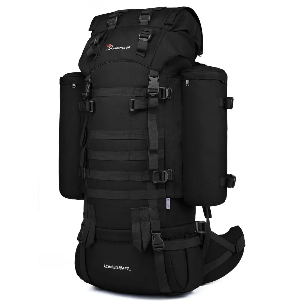 Tactical backpack in black, polyester mountaineering bag 36-55L capacity with military pattern