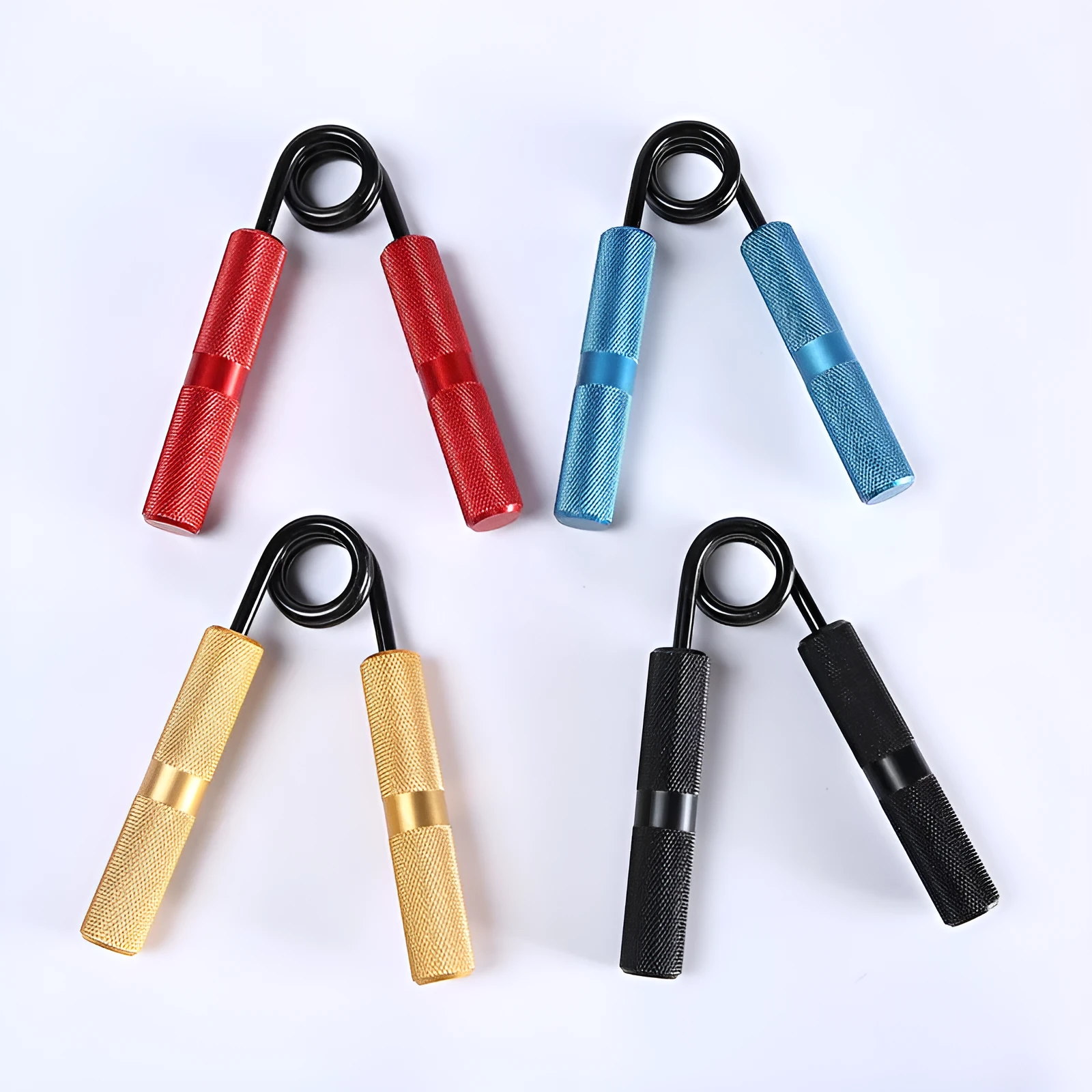 Adjustable metal spring hand grip strengthener with black handle, 100-300lbs resistance, 5-piece colour set