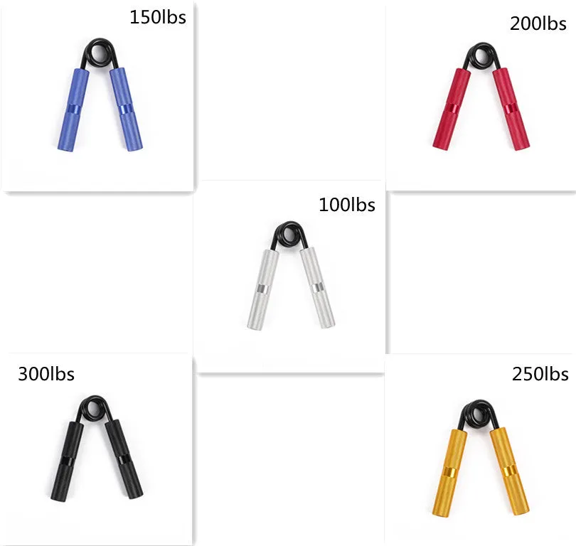 Adjustable metal spring hand grip strengthener with black handle, 100-300lbs resistance, 5-piece colour set