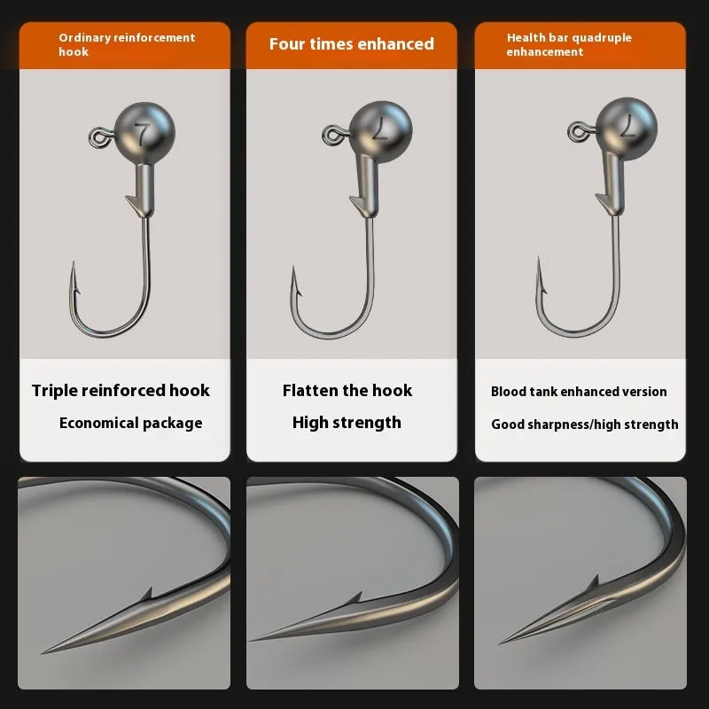 A set of 50 lead-headed jig hooks with steel construction and a four-times strengthening process.
