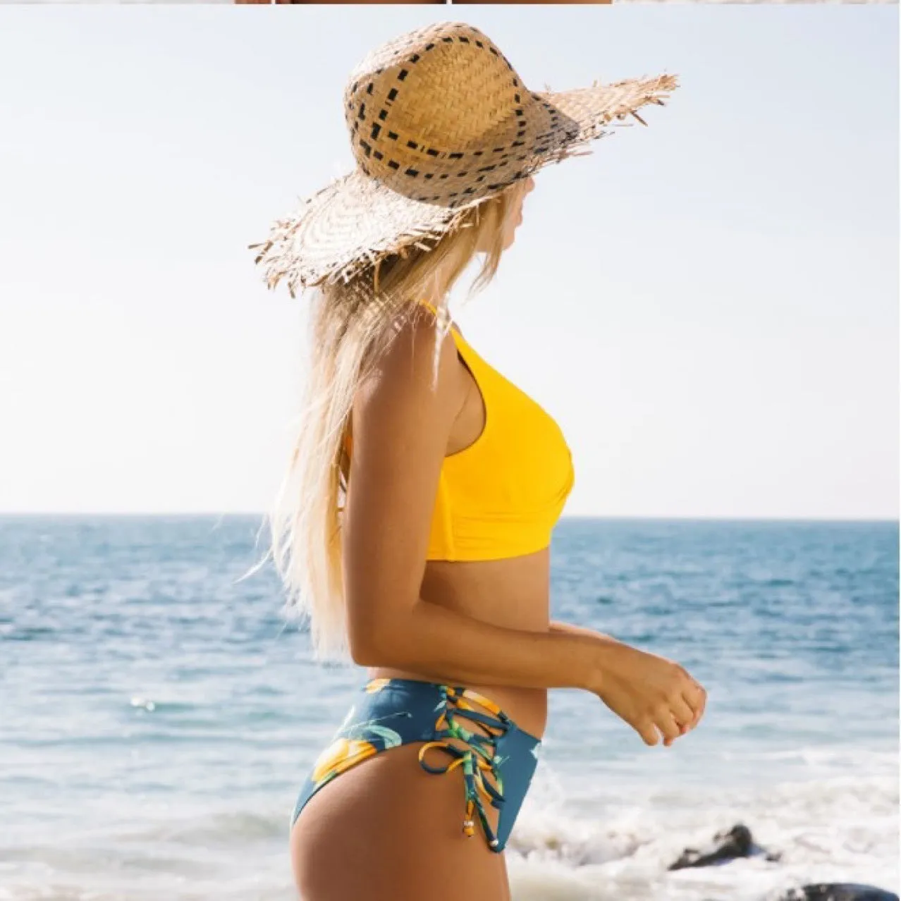 Yellow nylon cotton blend high elasticity bikini swimsuit for women, sleeveless brief style