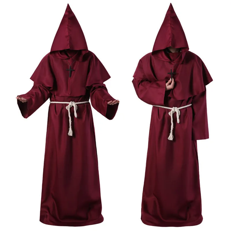 Medieval friar wizard monk costume in wine red colour, adult size, made from polyester fabric