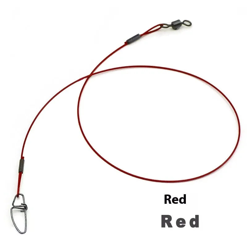 Steel wire fishing leader with double buckle pin, 54cm long, in red colour