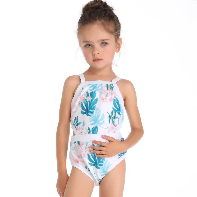 Women's blue nylon swimsuit with Japanese floral pattern, front view
