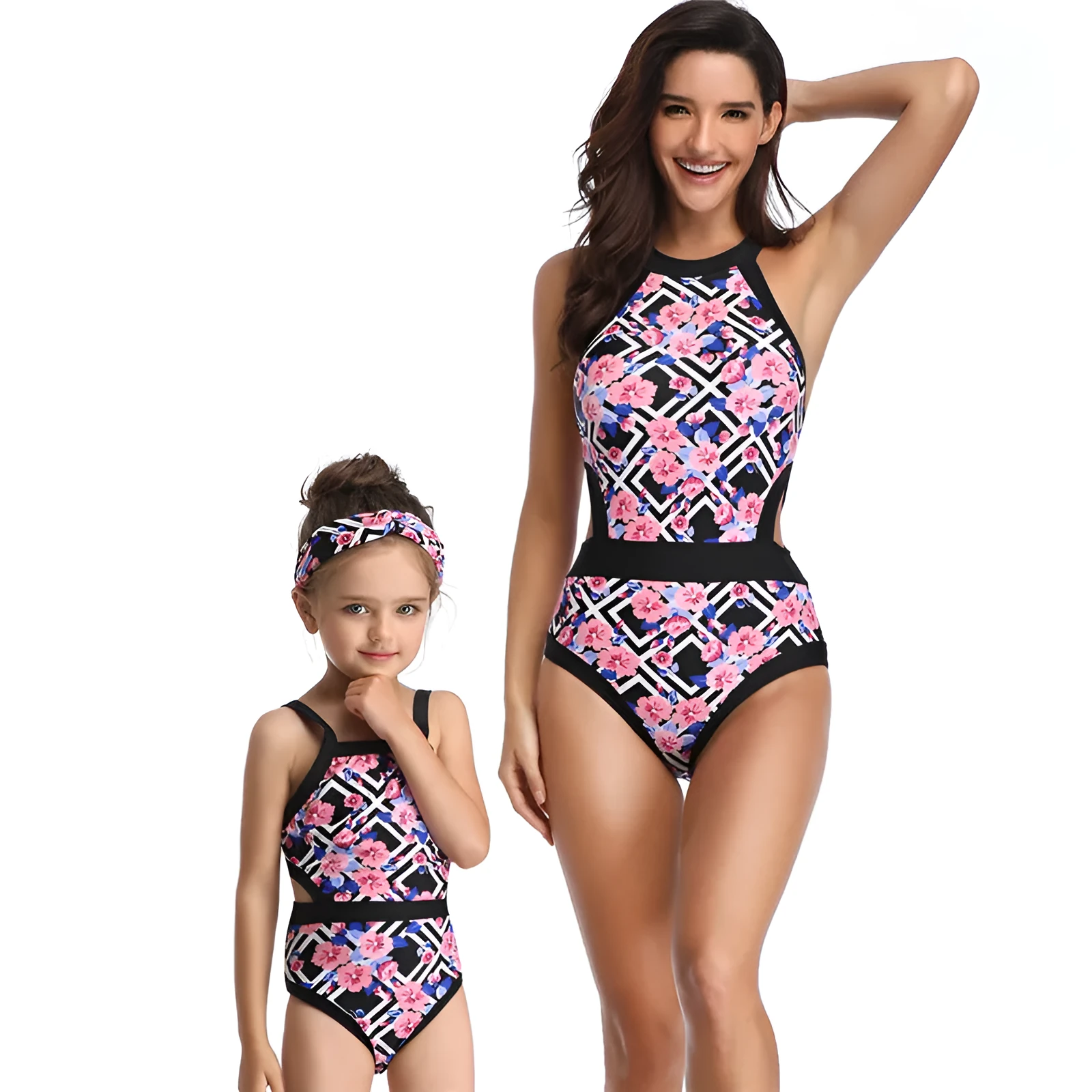 Women's blue nylon swimsuit with Japanese floral pattern, front view
