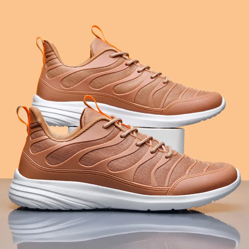 Men's outdoor sports mesh breathable running shoes with cross straps, PU upper, available in black, light grey, and terracotta warriors, sizes 39-46