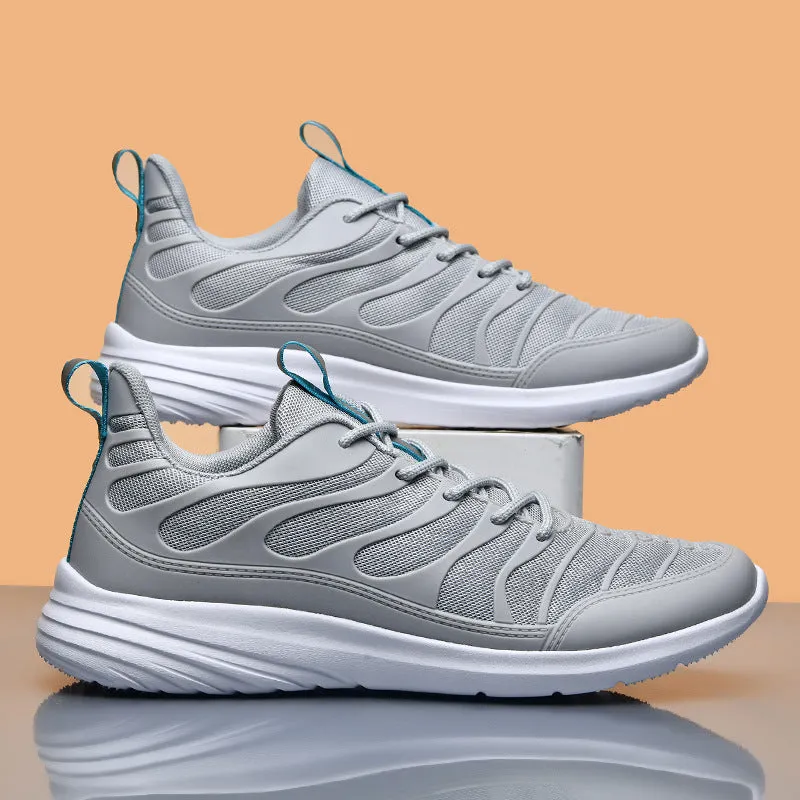 Men's outdoor sports mesh breathable running shoes with cross straps, PU upper, available in black, light grey, and terracotta warriors, sizes 39-46